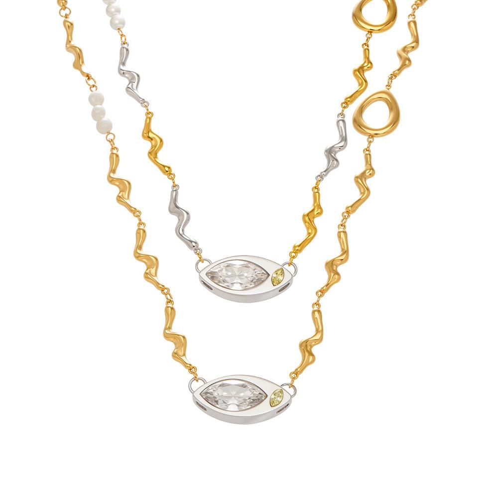 European & American Oval Cut Zircon Pendant with Natural Freshwater Pearl Texture on Stainless Steel Clavicle Necklace