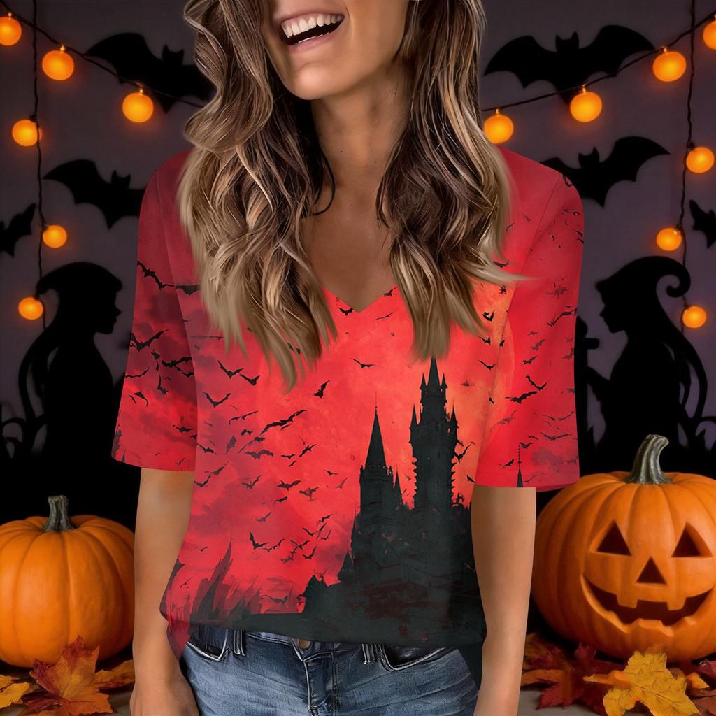 Women's Casual V Neck Top with Halloween Print, Short Sleeve, for Holiday Parties and Everyday Wear