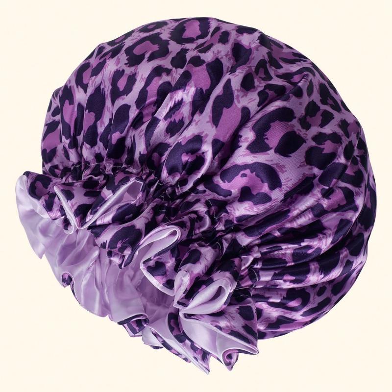 1PC Hair Bonnet Printed Leopard Double Layer Satin Splicing Hair Bonnet For Sleeping For Curly And Straight Hair