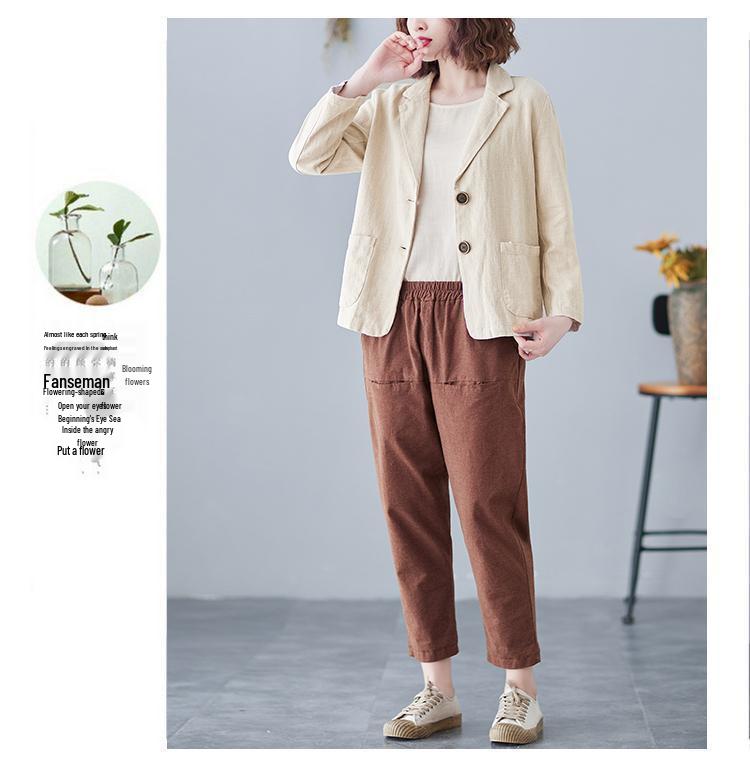 Women's 2024 Spring/Autumn Cotton-Linen Loose Casual Blazer - Plus Size, Long Sleeve, Short Jacket