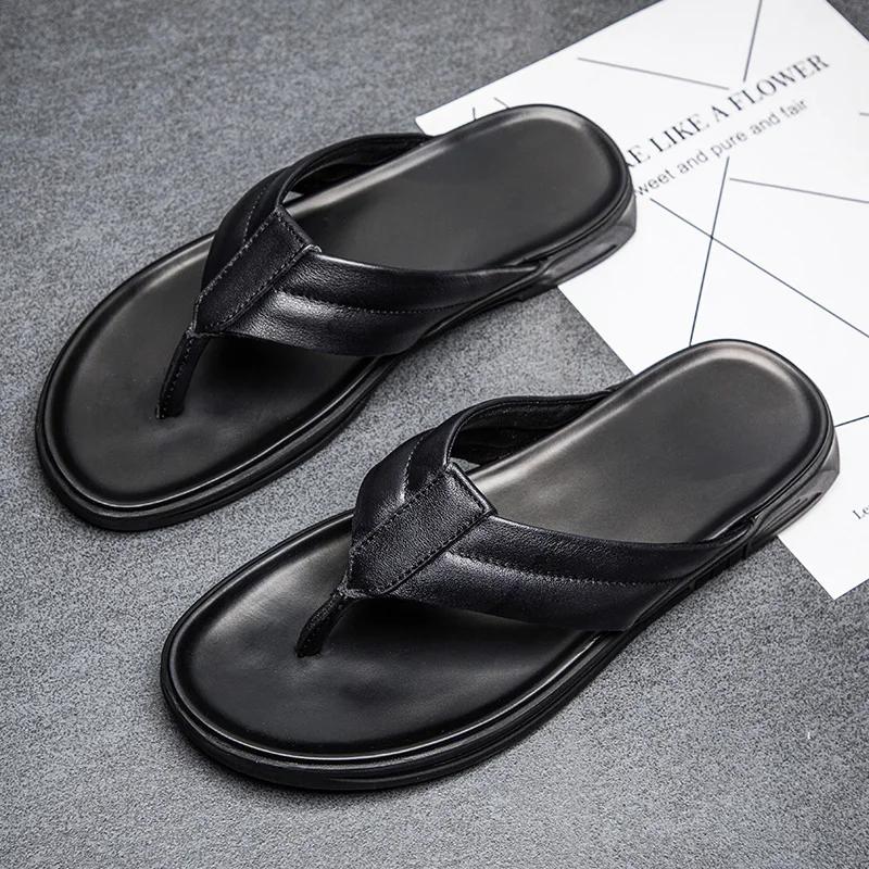 Fashion Men Genuine Leather Slippers Summer New Arrival Man Flip Flops Fashion Pinch Feet High Quality Male Beach Shoes Outdoor Footwear