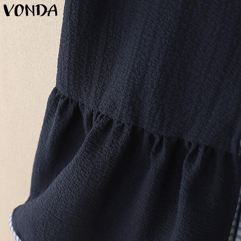 VONDA Women Girls Puff Sleeve Bow Knot Fake Two-piece Plaid Casual Blouse