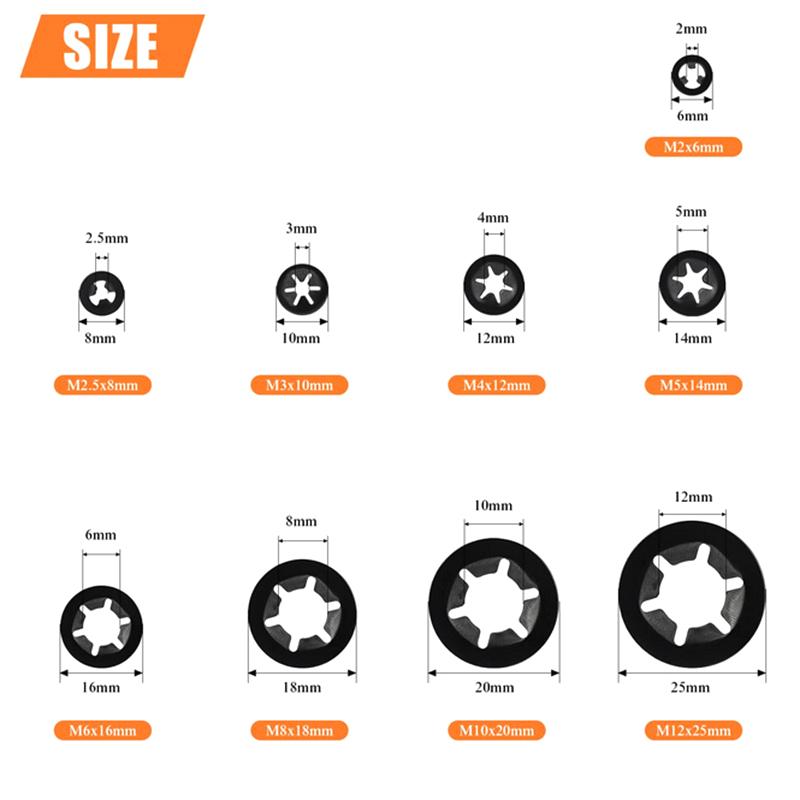 360Pcs Internal Tooth Star Lock Washers 2/2.5/3/4/5/6/8/10/12mm Quick Speed Locking Washers Retaining Clips Fasteners H4GE