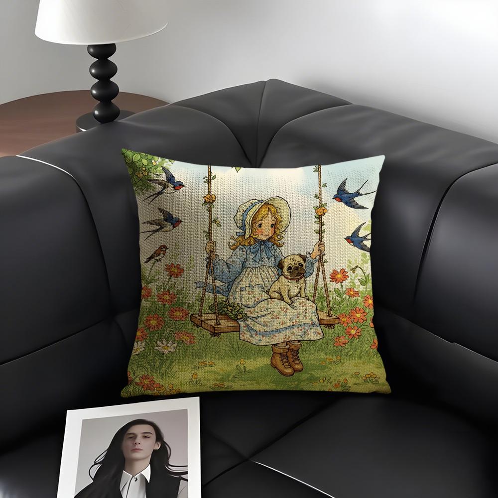 Art Sarah Kay Swing Girl Cushion Cover Natural Linen Organic Fabric DoubleSided Printing Sofa Home Decor Gift Pillow Case