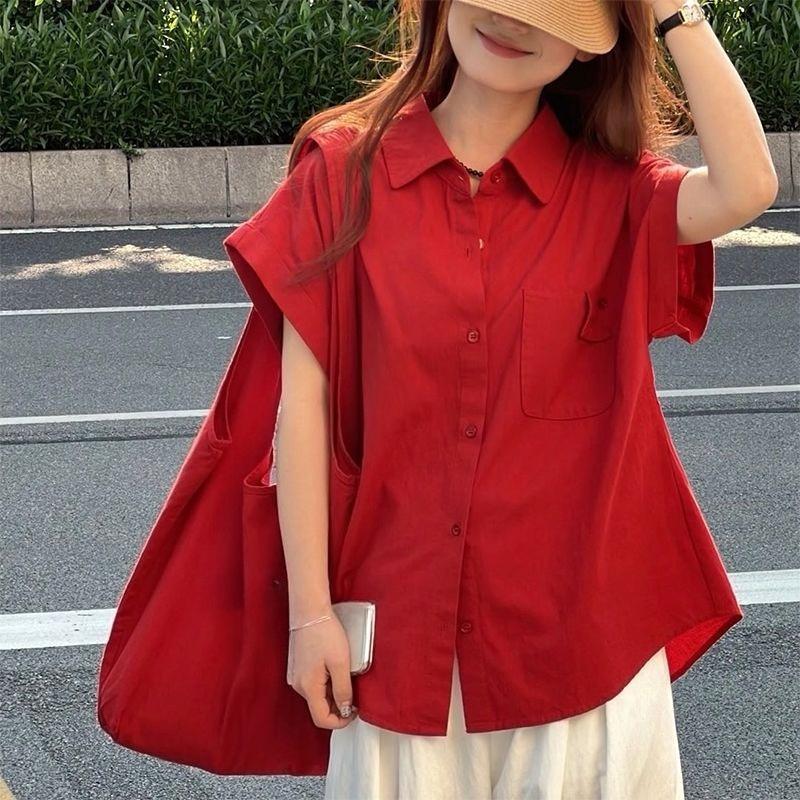 Solid Color Women's Shirt Korean Version Turndown Collar Button Ladies Small Fly Sleeve Blouse Summer Fashion Versatile Famale Loose Top