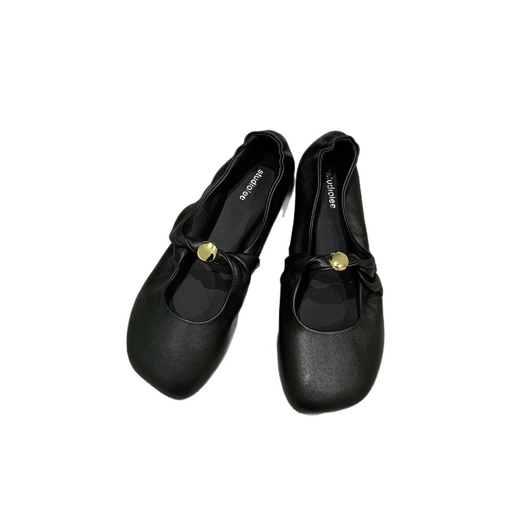 Grape Mother Has the Same Kinked Small Gold Buckle, Fashionable Apple Head Soft Leather Low-heeled Single Shoes, Lazy Person and Mary Jane Shoes.