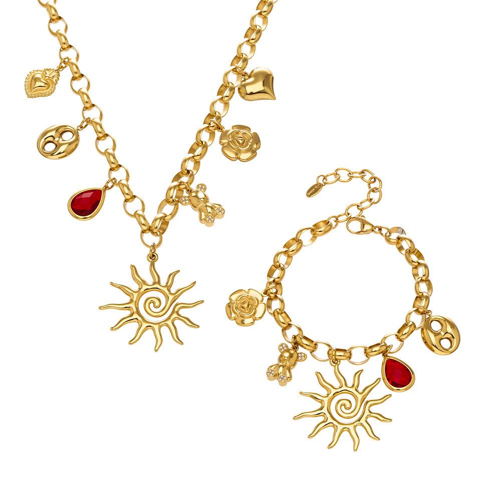 Spiral Sun & Bear Zirconia Multi-Pendant Necklace & Bracelet Set