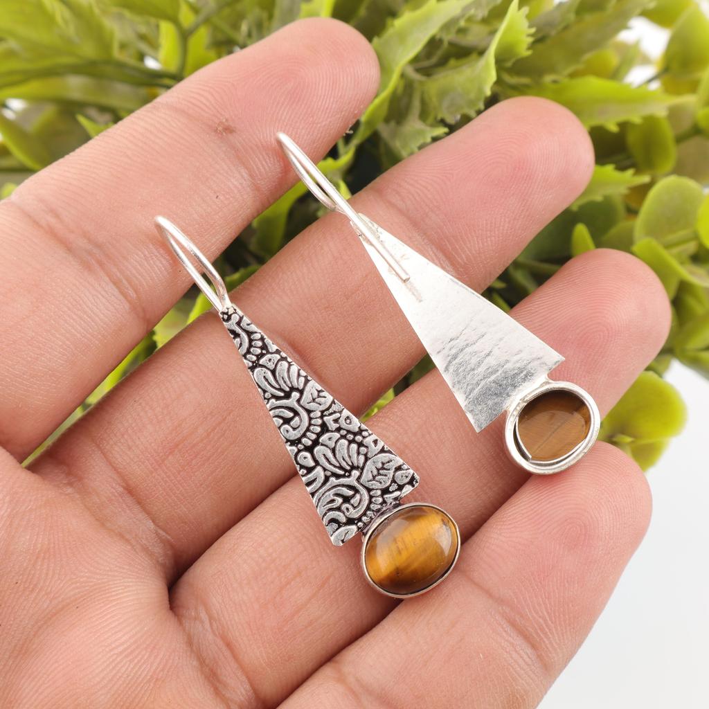 Yellow Tiger's Eye Gemstone Jewelry, 925 Solid Sterling Silver Earrings, Handmade Gemstone Earrings, Gift For Mom Antique Jewelry