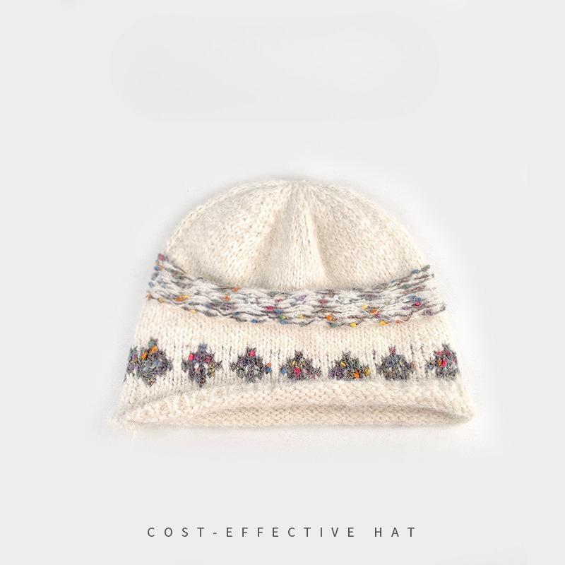 Korean Retro Fair Isle Jacquard Knitted Hat for Women Winter Warm Ear Protection Headband Cold Hat Showing Face Small Woolen Hat