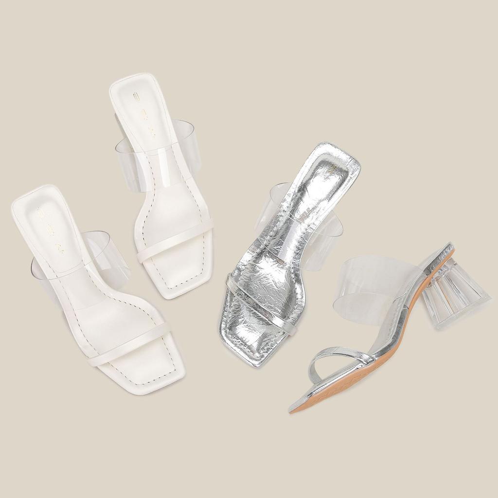 H368-2 Silver One-word Slippers with High Heels, Transparent Crystal and Summer Sandals, Solid Color Xiaoxiangfeng Shoes for Women