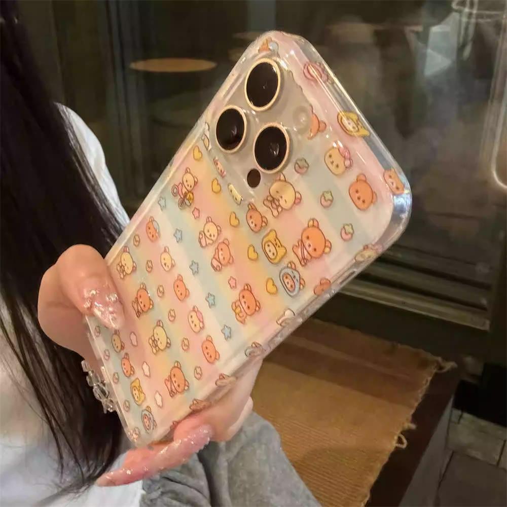 Korean Cute Cartoon Bear Clear Phone Case For iPhone 16 15 14 13 12 Pro Max 16 Pro Shockproof Lens Protective Soft Cover Gift