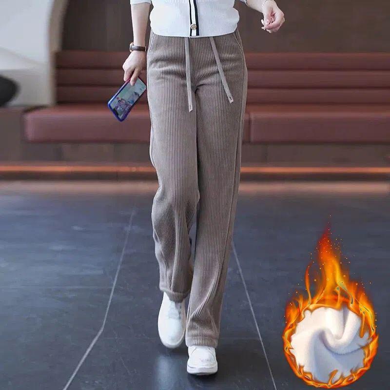 Women's Black Corduroy Wide-Leg Pants with Fleece Lining for Autumn/Winter 2025