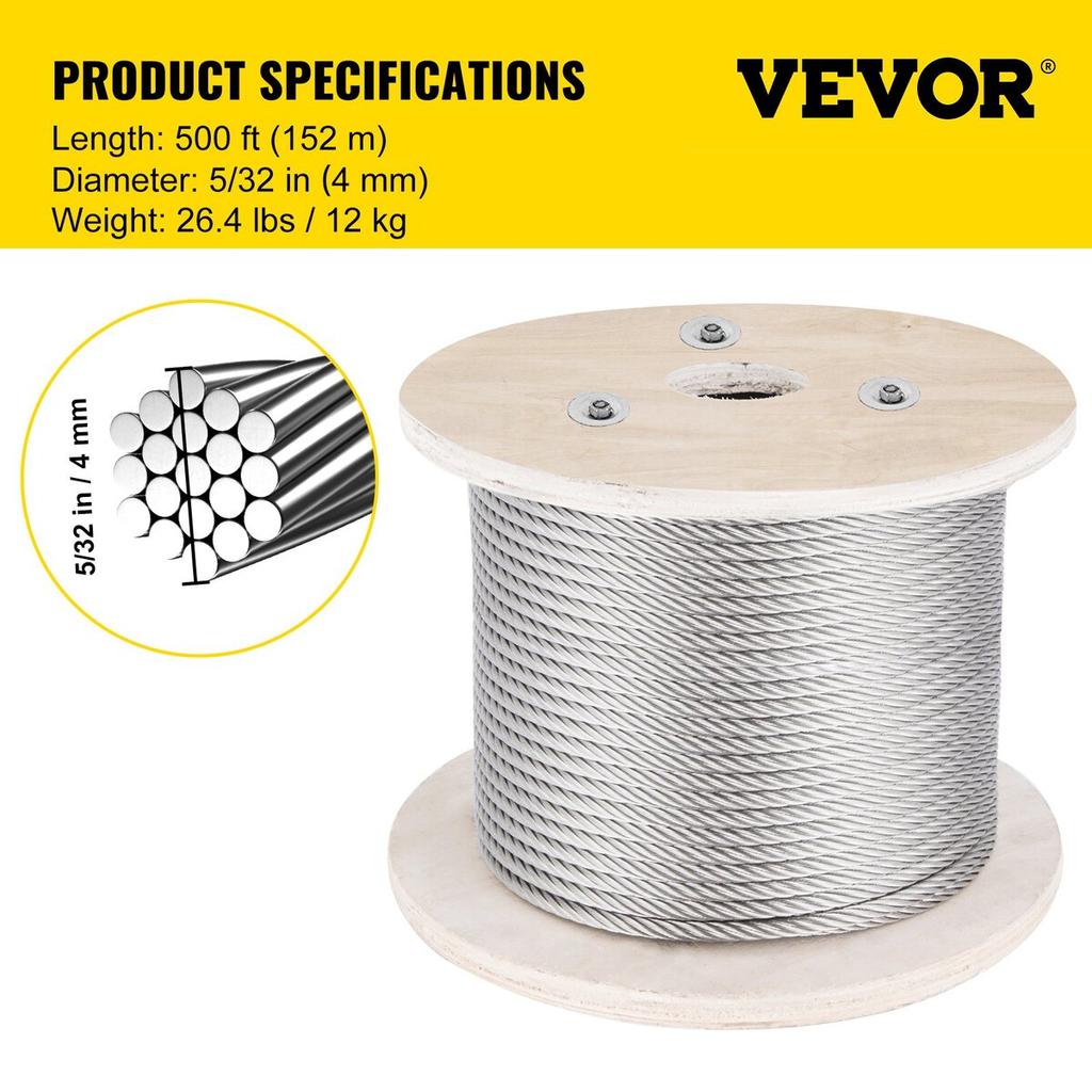 316 Stainless Steel Cable, 500FT Stainless Steel Wire Rope of 5/32 Inch Diameter and 1x19 Construction, 3300 LBS Breaking Strength Steel Cable for