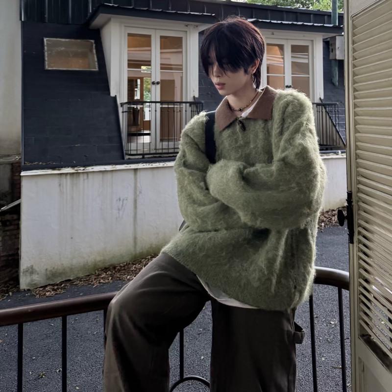 

Men s Green Japanese-Style Lapel Sweater: Autumn/Winter Trendy Knit Pullover Large