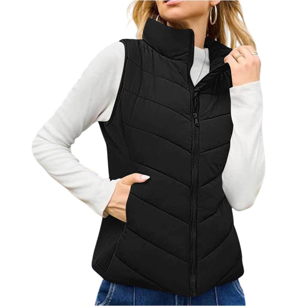 Women's Fashionable Solid Color Stand Up Collar Sleeveless Zipper Pocket Jacket Vest Jacket