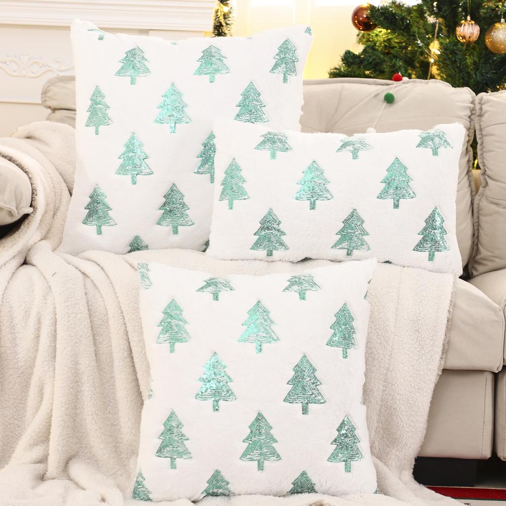 1 Pc Gold Sequin Christmas Tree Throw Pillow Cover Winter Plush Embroidery Christmas Decoration Living Room