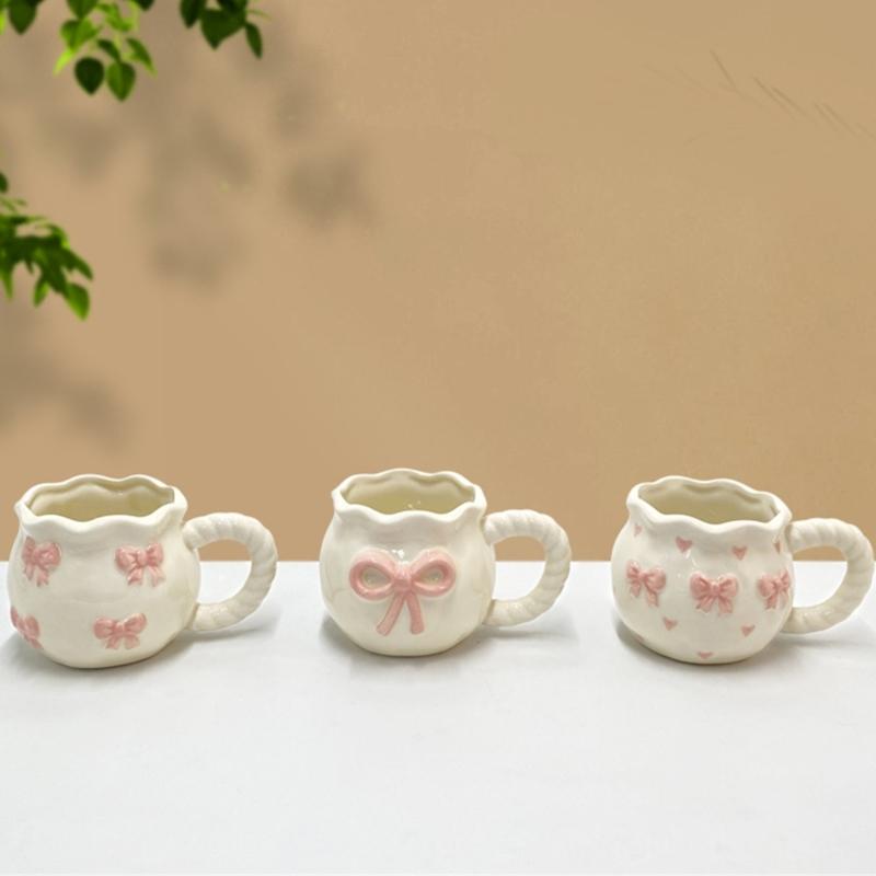 Delicate Ceramic Coffee Mug With Bows Portable Elegant Office Drinkware Dishwasher Safe Tableware Kitchen Tool