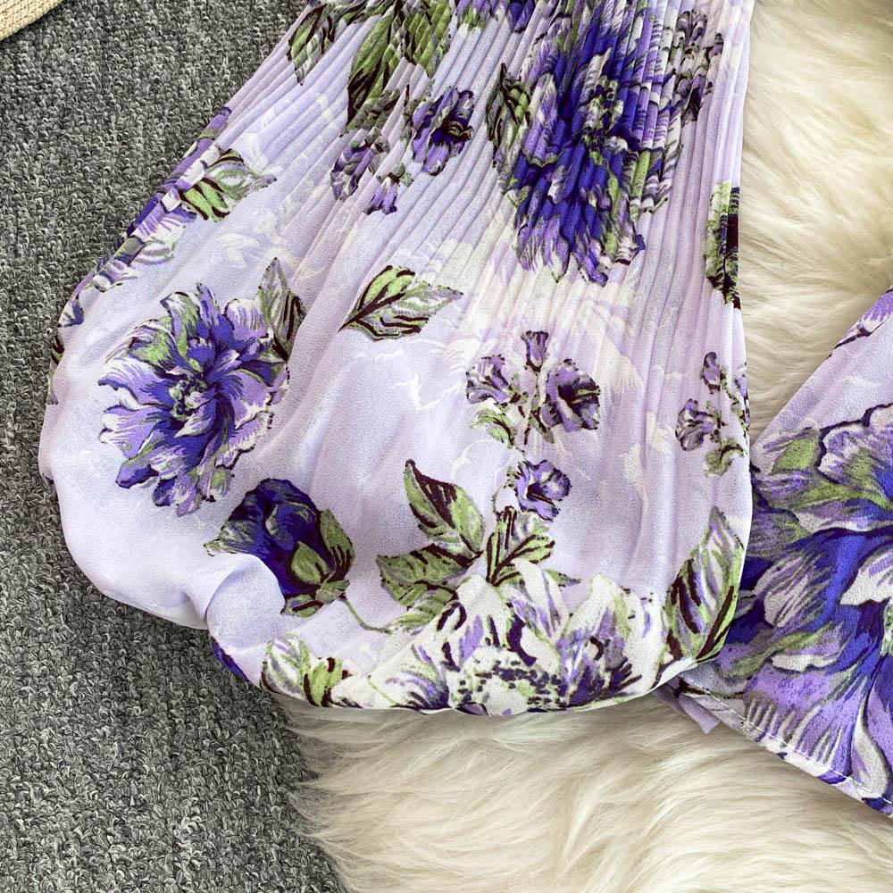 Mature Style Two-Piece Women's Suit: Loose Floral Pleated Shirt & High Waist Wide Leg Trousers