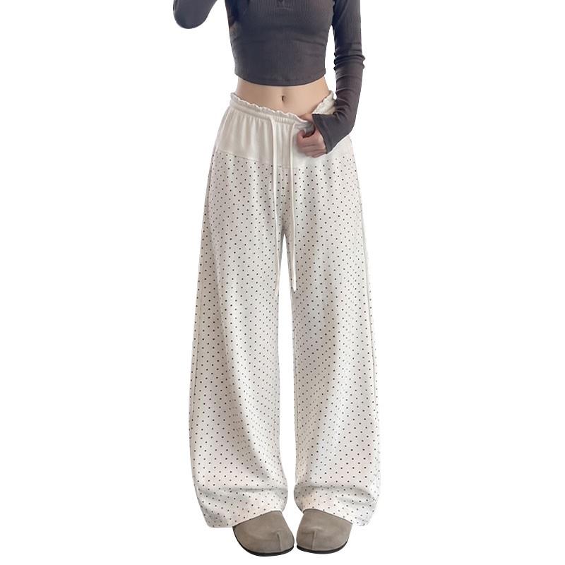 Womens High Waist Polka Dot Loose Casual Drawstring Wide Leg Pants