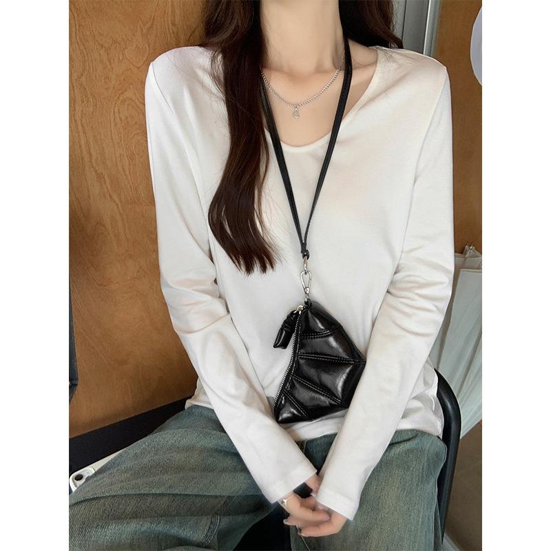 White shirt women's spring simple collar solid color bottoming shirt basic top loose casual long sleeve inner