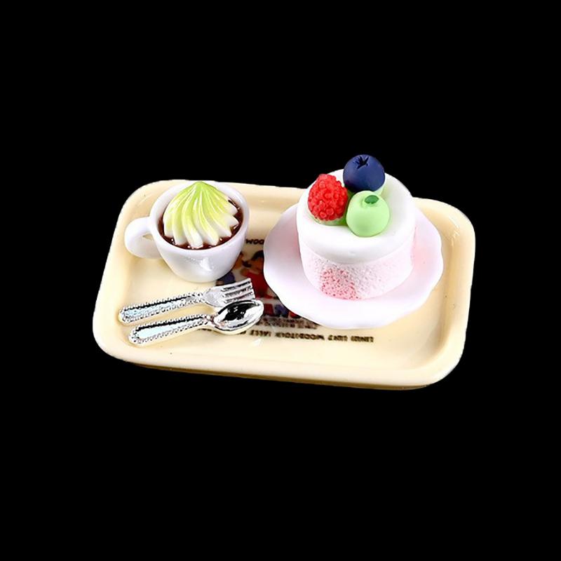1Set Dollhouse Miniature Cheese Cake Coffee Cake Dessert Set Pretend Food Mini Cake For Bjd Dolls Toys Accessories