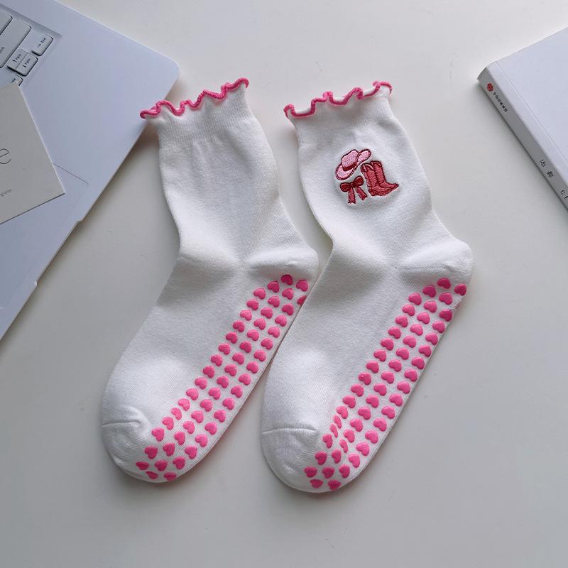 Children's Cartoon Yoga Socks - Mid-Calf, Anti-Slip, Embroidered Fluffy Bows, Fitness, Pilates Socks for Women