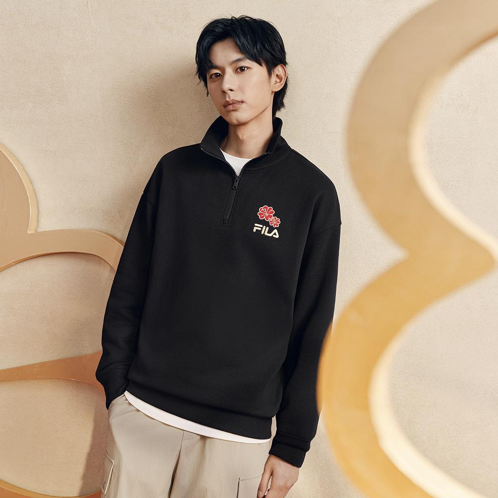 FILA Original Peony Half-Zip Classic Retro Minimalist Casual Comfortable Sweatshirt Unisex sweatshirt Black F51U619204FBK