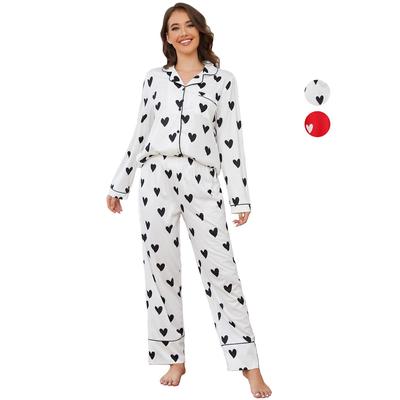 Conjunto de pijamas femininos de mangas compridas, camisas e calças, 2 peças, estampa de coração, roupa de dormir, outono inverno, casual, roupa de casa