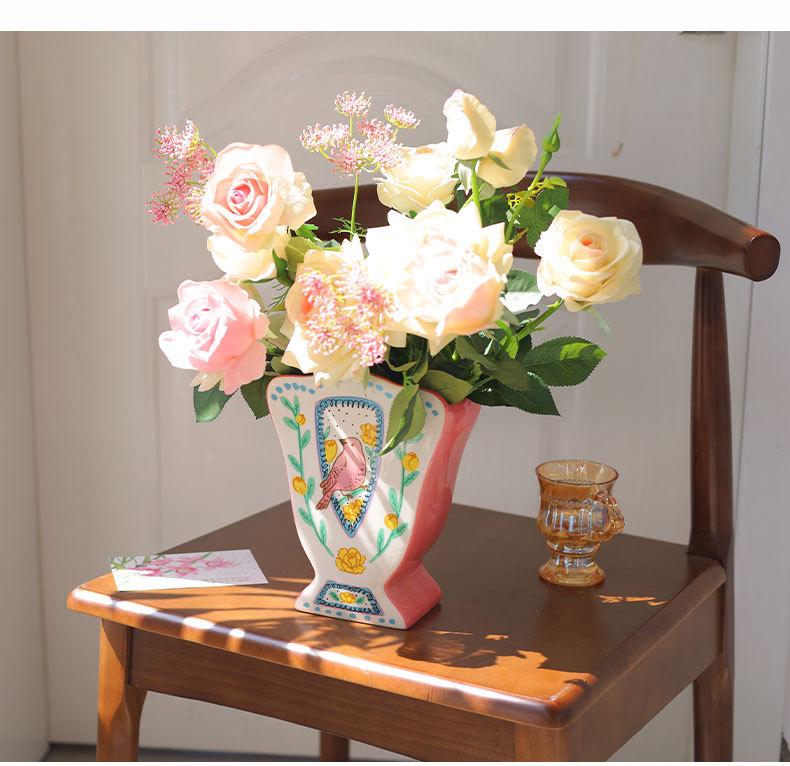 Nightingale and Rose Ceramic Vase: High-End Pastoral Flowers & Birds Ornament for Living Room