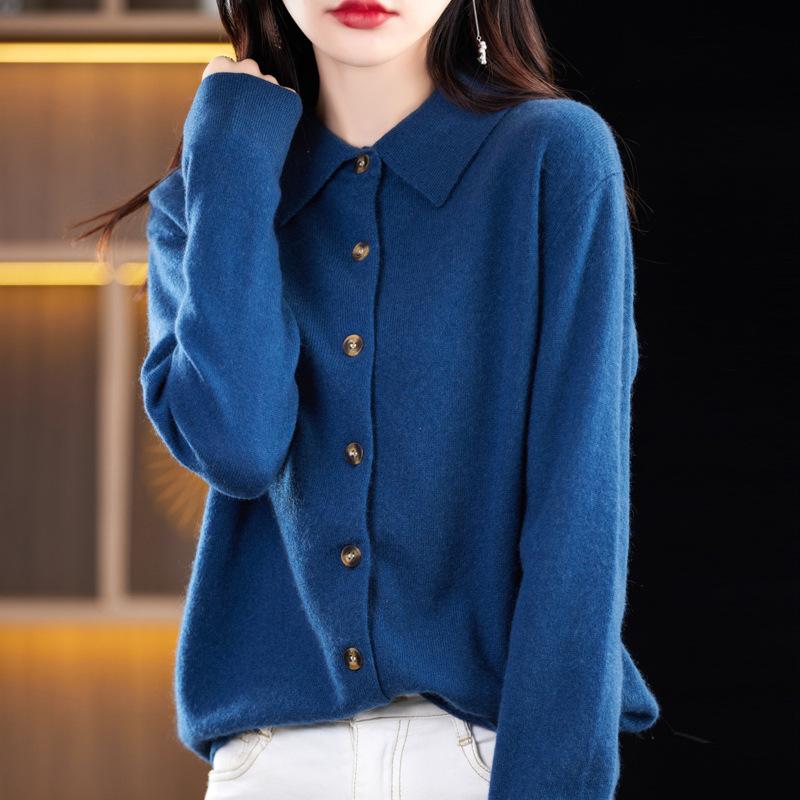 Women's POLO Neck Sweaters Fashion Cardigans Casual Solid Color Print Autumn Winter Long Sleeve
