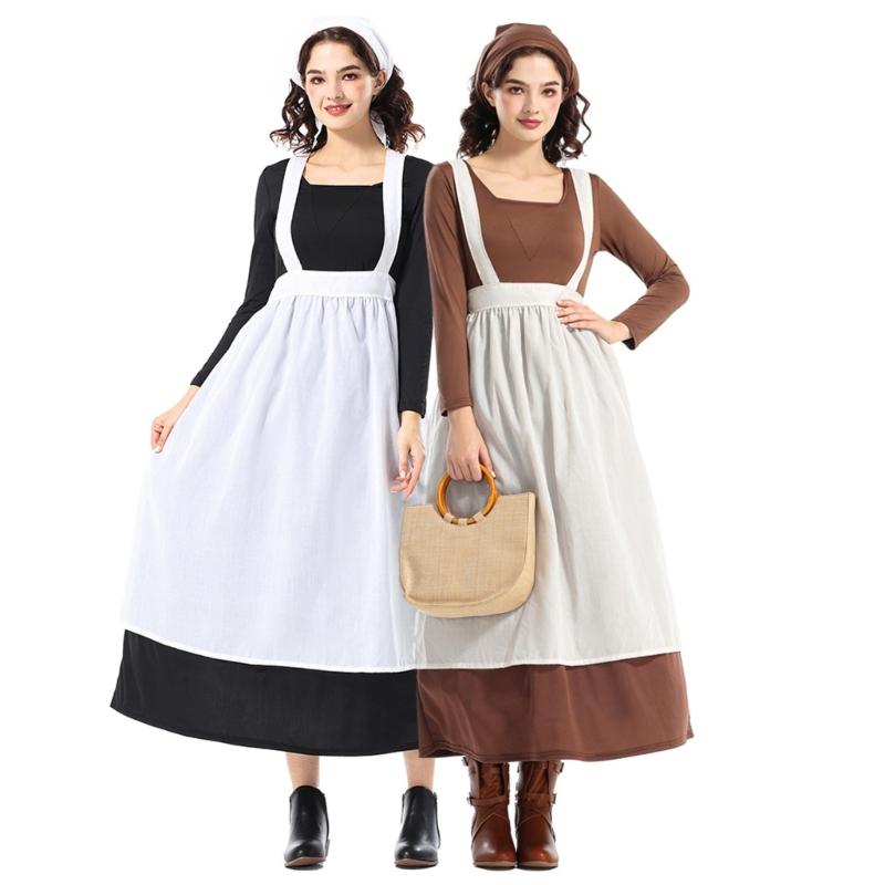 Halloween Maid Costume Set Includes French Maid Apron Maid Dress and Headscarf Set for Women, Kitchen Cooking Apron