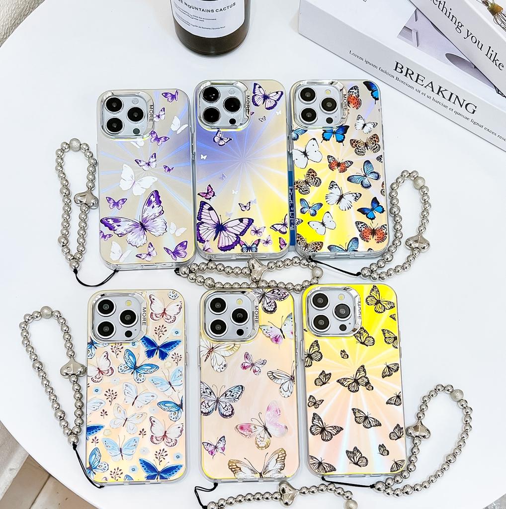 Electroplated Laser Butterfly for IPhone16e Mobile Phone Case for Apple 15promax with Pearl Bracelet 14