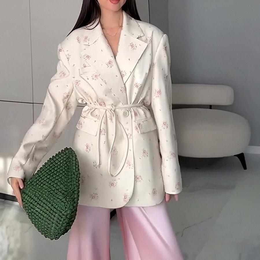 Women's Spring Autumn New Fashion Printed Loose Fit Blazer with Tie Waist Jacket