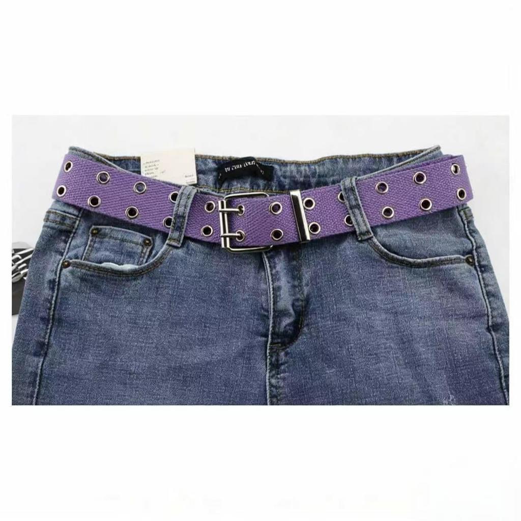 Trendy Double-Breasted Canvas & Rivet Belt - Casual Hollowed-Out Denim Belt with Leather Accents