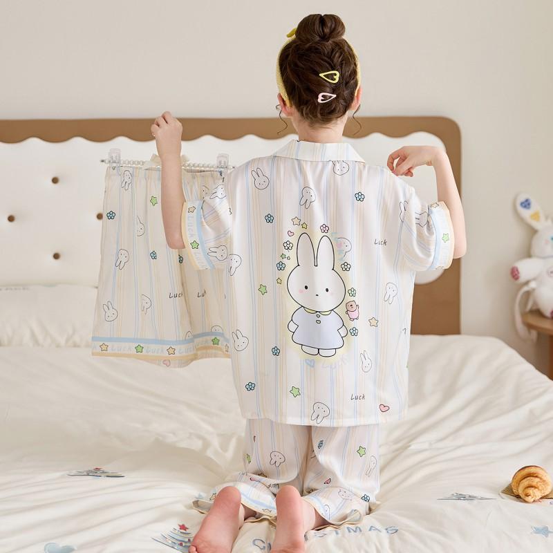 Kids Ice Silk Pajama Set Girls 3-Piece Short Sleeve Long Pants Cartoon Print Soft Breathable Sleepwear Home Outfit