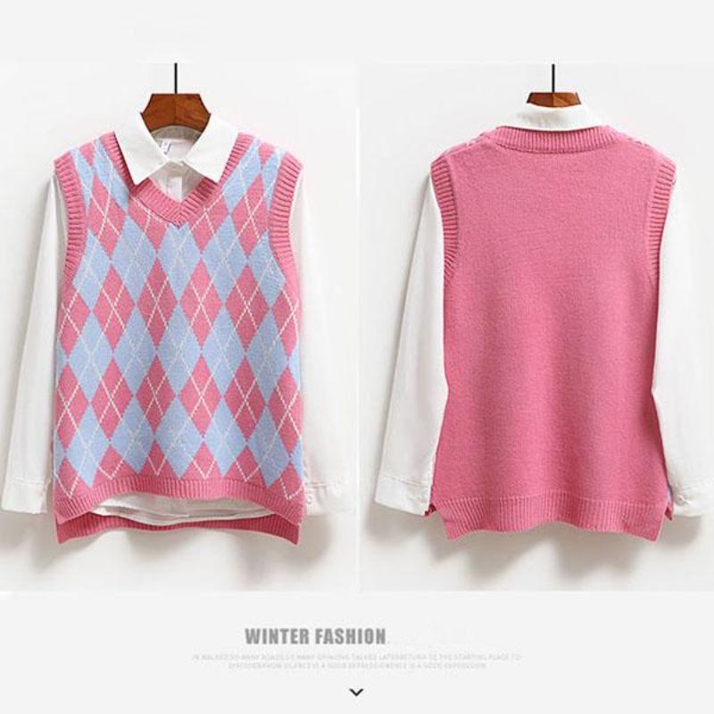 Karierter ärmelloser Pullover, lockerer Strickpullover im Studenten-College-Stil, Tanktops für Damen