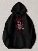 Black Pullover Hoodie with Red Rose Graphic, Vintage Floral Print Sweatshirt Featuring 'Soul Core Est. 1996' Text, Casual Streetwe