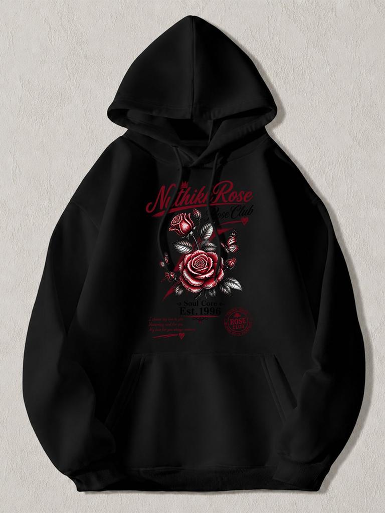 Black Pullover Hoodie with Red Rose Graphic, Vintage Floral Print Sweatshirt Featuring 'Soul Core Est. 1996' Text, Casual Streetwe
