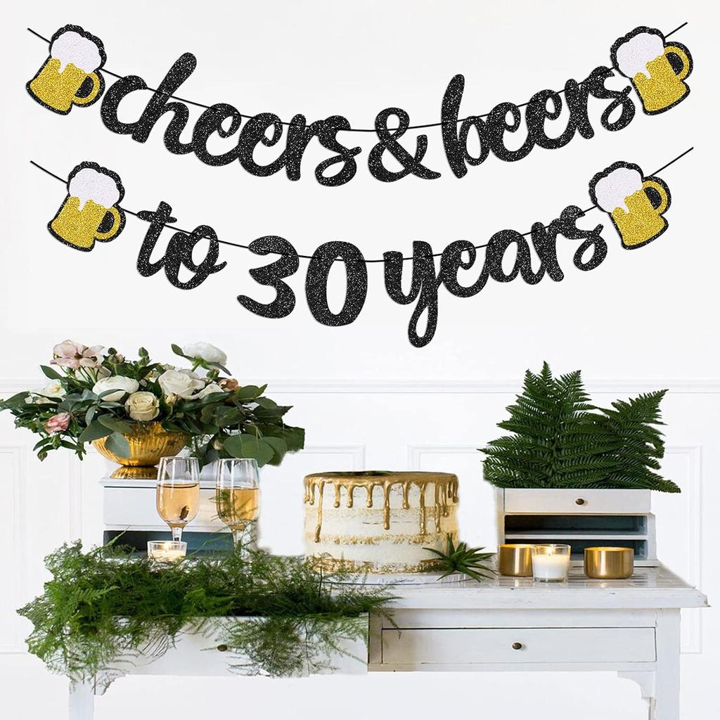 30th Birthday Decorations - Cheers and Beers to 30 Years Banner, Happy 30th Birthday Banner Sign Pre-Strung, Anniversary Party Supplies (Black Gold)