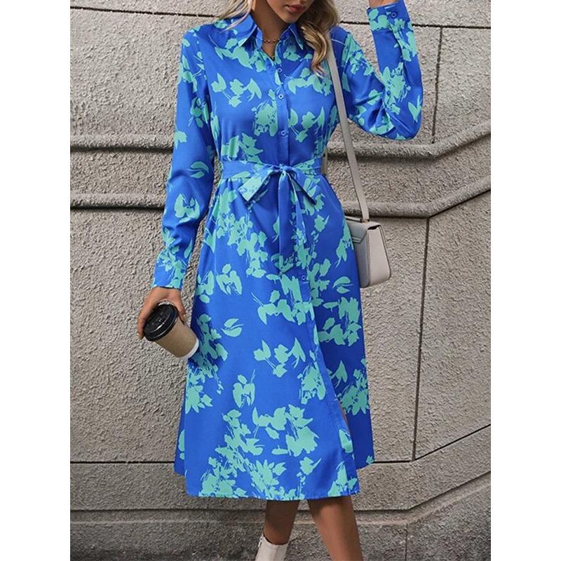 

Женское модное однобортное платье-кардиган с принтом и лацканами S синий