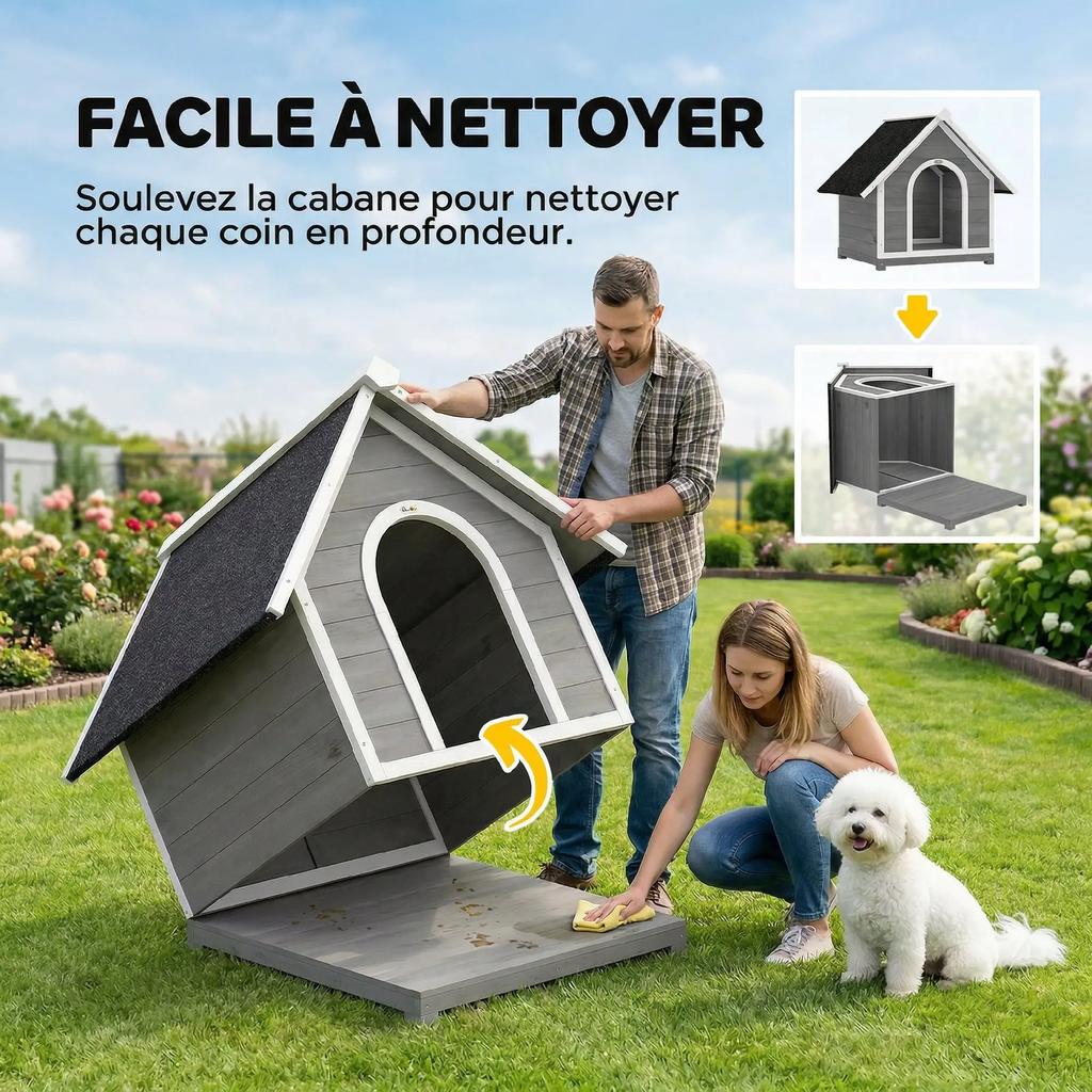 PawHut Outdoor Hundehütte Hundehütte Vollständig zu öffnender Körper für einfache Reinigung 84x101x86 cm Grau und Weiß