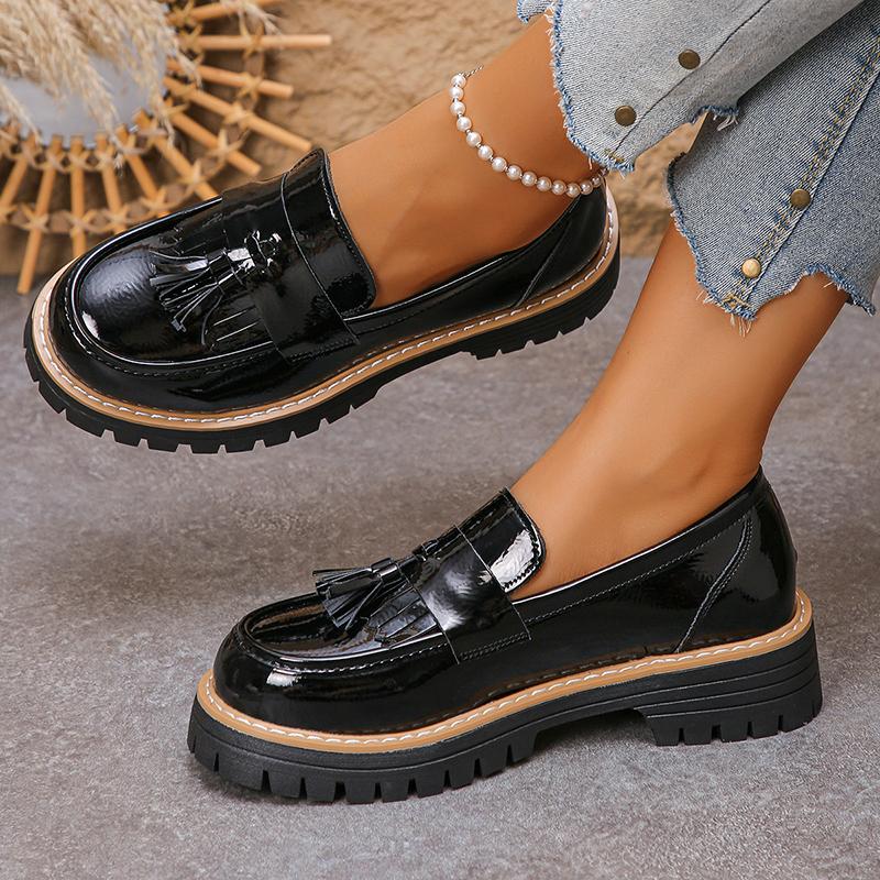 Tassels Bright Black Chunky Platform Loafers Women British Style Patent Leather Thick Sole Pumps Plus Size Uniform Lolita Shoes