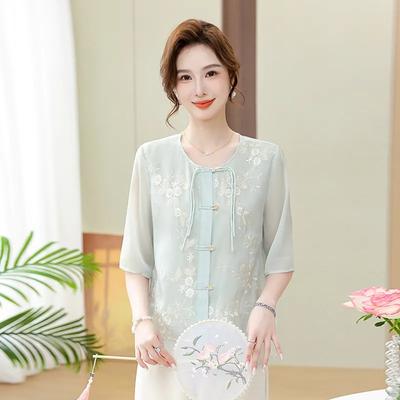 Damen Rundhals Halbarm Froschknöpfe Blumenstickerei Lockere Bluse Hellgrün Lässiges Oberteil