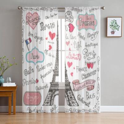 Set aus Pariser Symbolen Schriftzug Luxuriöse Chiffon Sheer Vorhänge für Wohnzimmer Schlafzimmer Dekoration Fenster Voiles Tüllvorhang