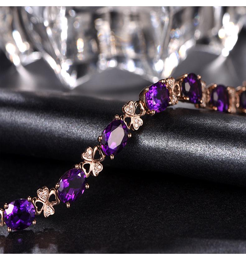 Luxueux bracelet trèfle à quatre feuilles en améthyste plaqué or 18 carats avec des pierres précieuses colorées