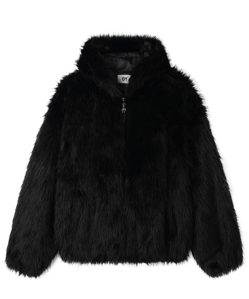 Openyard(Oy) Wild Faux Fur Hoodie Jacket - Black