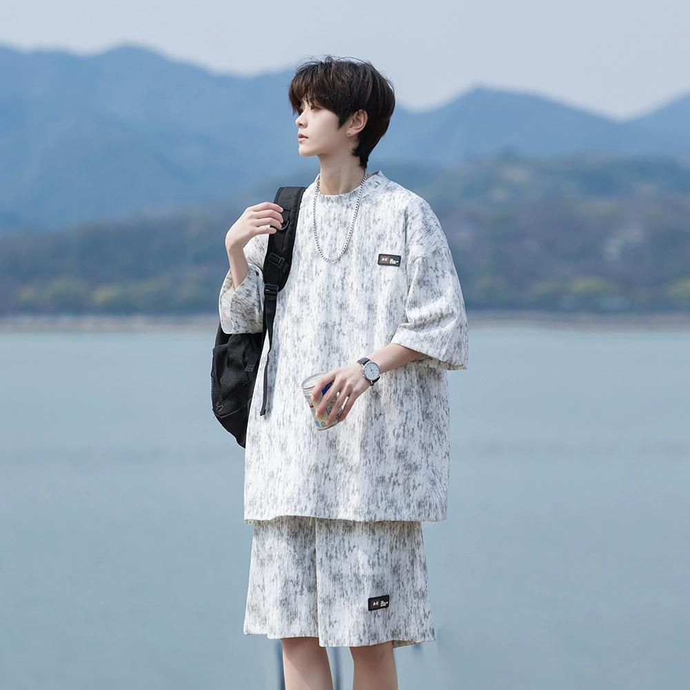 

Повседневный костюм, летний свободный комплект из футболки с короткими рукавами, окрашенной в чернильный цвет 5XL серый