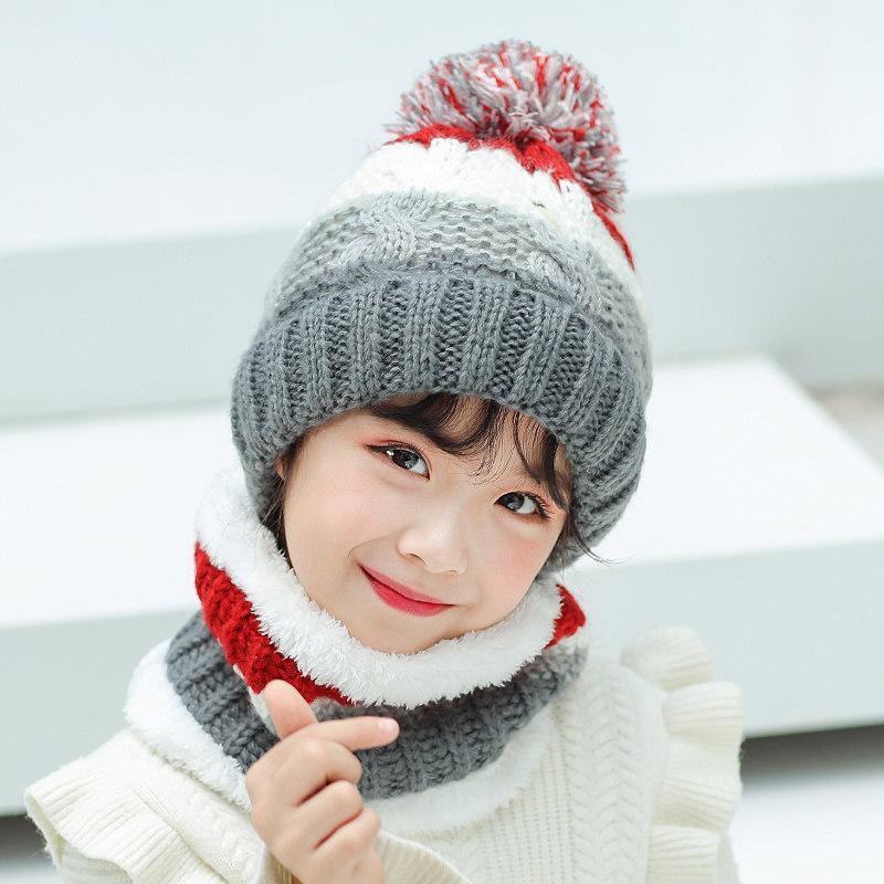 Wintermütze Schal Set Plüschwärmer Kinder Strickmütze Baby Jungen Mützen Kappe Halsschal Handschuh Anzug für Kinder Accessoires 5-12J