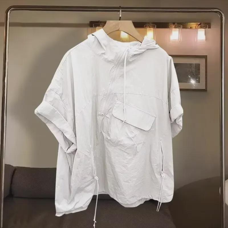 Trendy sommer-hettegenser for menn i ensfarget glidelås med lommedesign – kortermet T-skjorte med løs passform