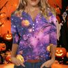Women's Halloween Print V-Neck Short Sleeve T-Shirt with Decorative Buttons for Casual Fall Outfits